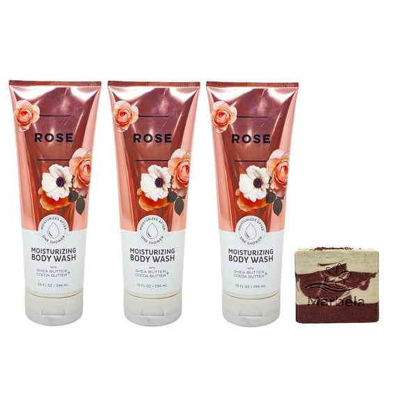 Bath & Body Works Rose - 3 Moisturizing Body Washes (10 fl oz / 295 ml Each) with a Cherry On Top Bar Soap