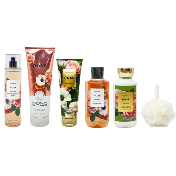 Bath and Body Works Rose 6 Piece Premium Spa Gift Set - Includes Moisturizing Body Wash, Fine Fragrance Mist, Ultimate Hydration Body Cream, Shower Gel, Body Lotion, and Free Shower Sponge - Full Size