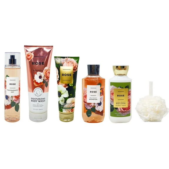 Bath and Body Works Rose 6 Piece Premium Spa Gift Set - Includes Moisturizing Body Wash, Fine Fragrance Mist, Ultimate Hydration Body Cream, Shower Gel, Body Lotion, and Free Shower Sponge - Full Size