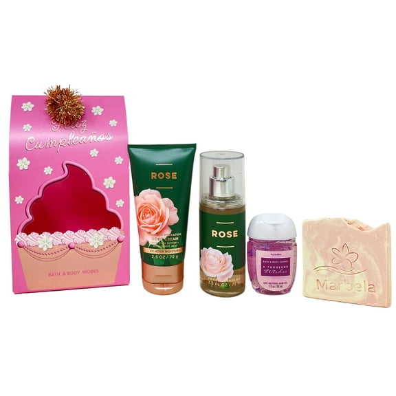 Bath & Body Works Rose - Feliz Cumpleaos Mini Gift Bag Trio Set - Body Cream, Fragrance Mist and PocketBac Sanitizer Hand Gel with a Himalayan Salts Sample Soap