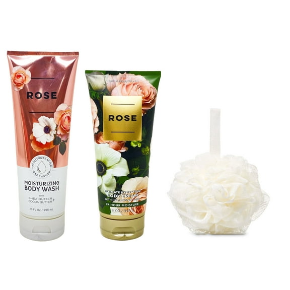 Bath and Body Works Rose Trio Gift Set - Includes 10 fl oz / 296 mL Moisturizing Body Wash, 8 oz / 226 g Ultimate Hydration Body Cream, and a FREE Sponge