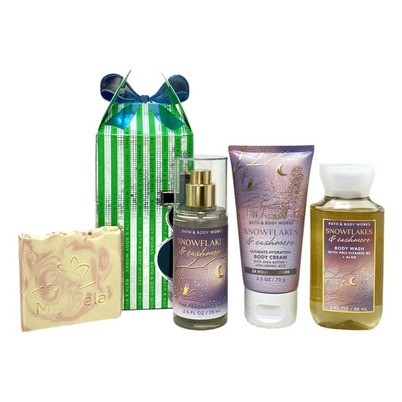 Bath & Body Works Snowflakes & Cashmere Mini Gift Box Trio - Fragrance Mist, Body Cream and Body Wash with a Himalayan Salts Springs Sample Soap - Travel Size