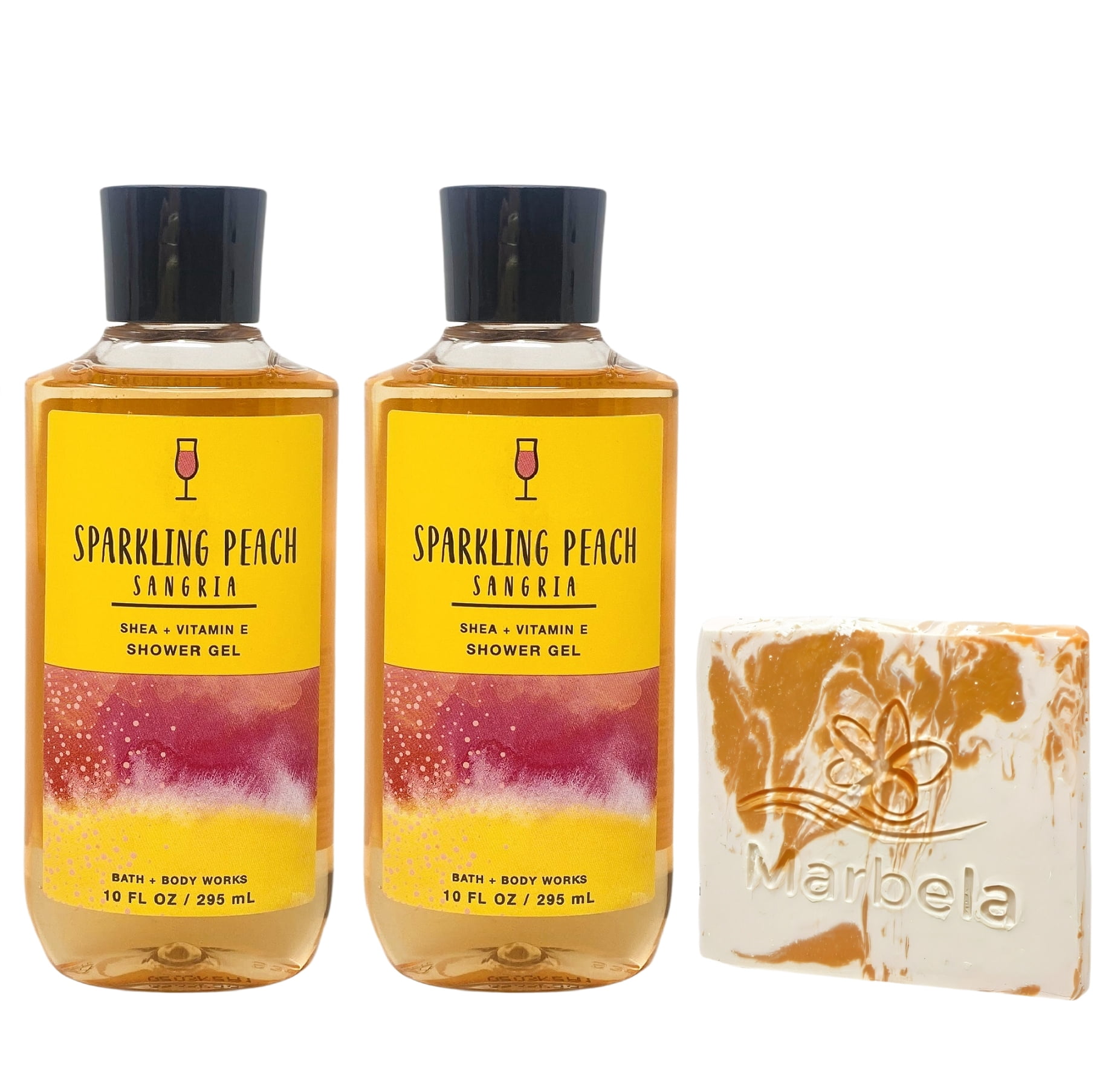Bath & Body Works Sparkling Peach Sangria 2 Shower Gels with a Peach Gardenia Mini Soap