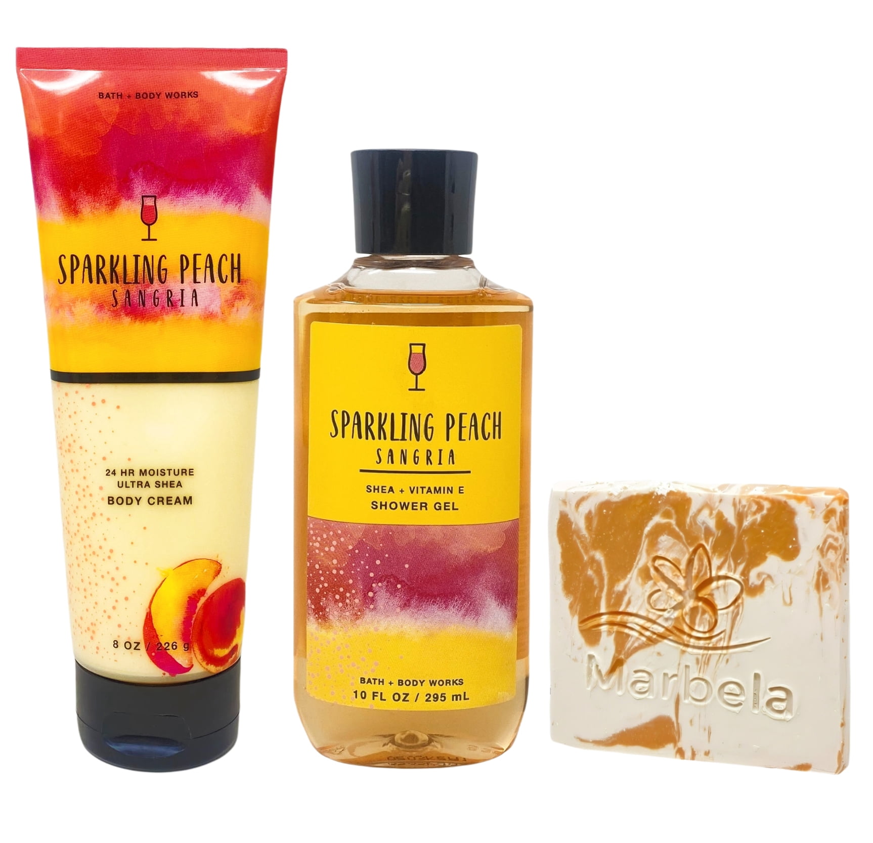 Bath & Body Works Sparkling Peach Sangria Body Cream and Shower Gel with a Peach Gardenia Mini Soap