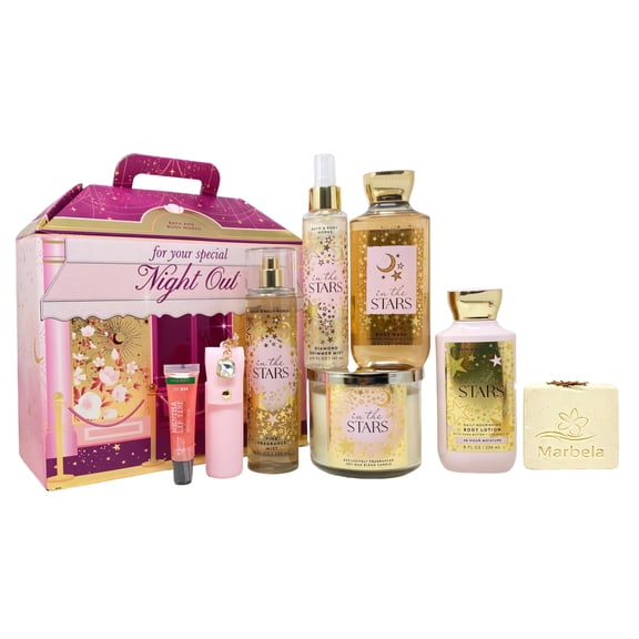 Bath & Body Works In The Stars 7-piece - Fine Fragrance Mist, Body Lotion, Body Wash, Shimmer Mist, 3-wick candle, Pink Mint Lip Gloss and Light Pink Lip Gloss Holder with a Creamy Rose Bar Soap