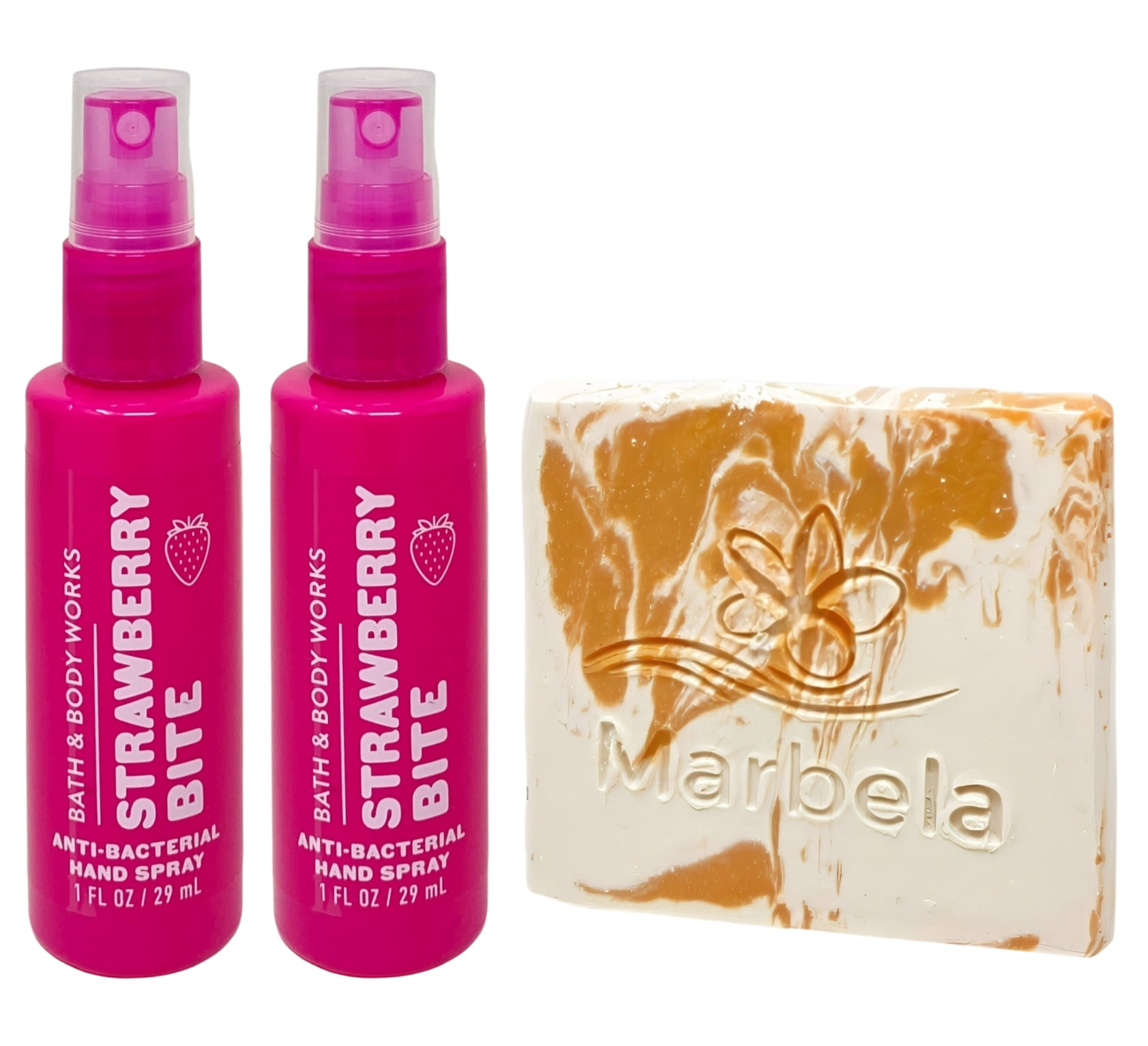 Bath & Body Works Strawberry Bite 2 - Hand Sprays - (1 fl oz / 29 ml Each) with a Peach Gardenia Mini Soap