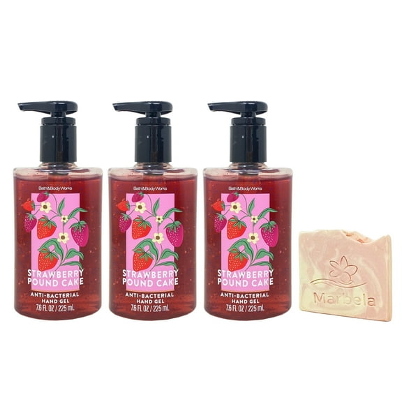 Bath & Body Works Strawberry Pound Cake 3 Pack Hand Gel Bundle with a Himalayan Salts Springs Sample Soap