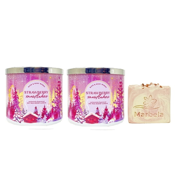 Bath & Body Works Strawberry Snowflakes 2 Piece 3-Wick Scented Candle Set with a Marbela Himalayan Salts Springs Bar Soap