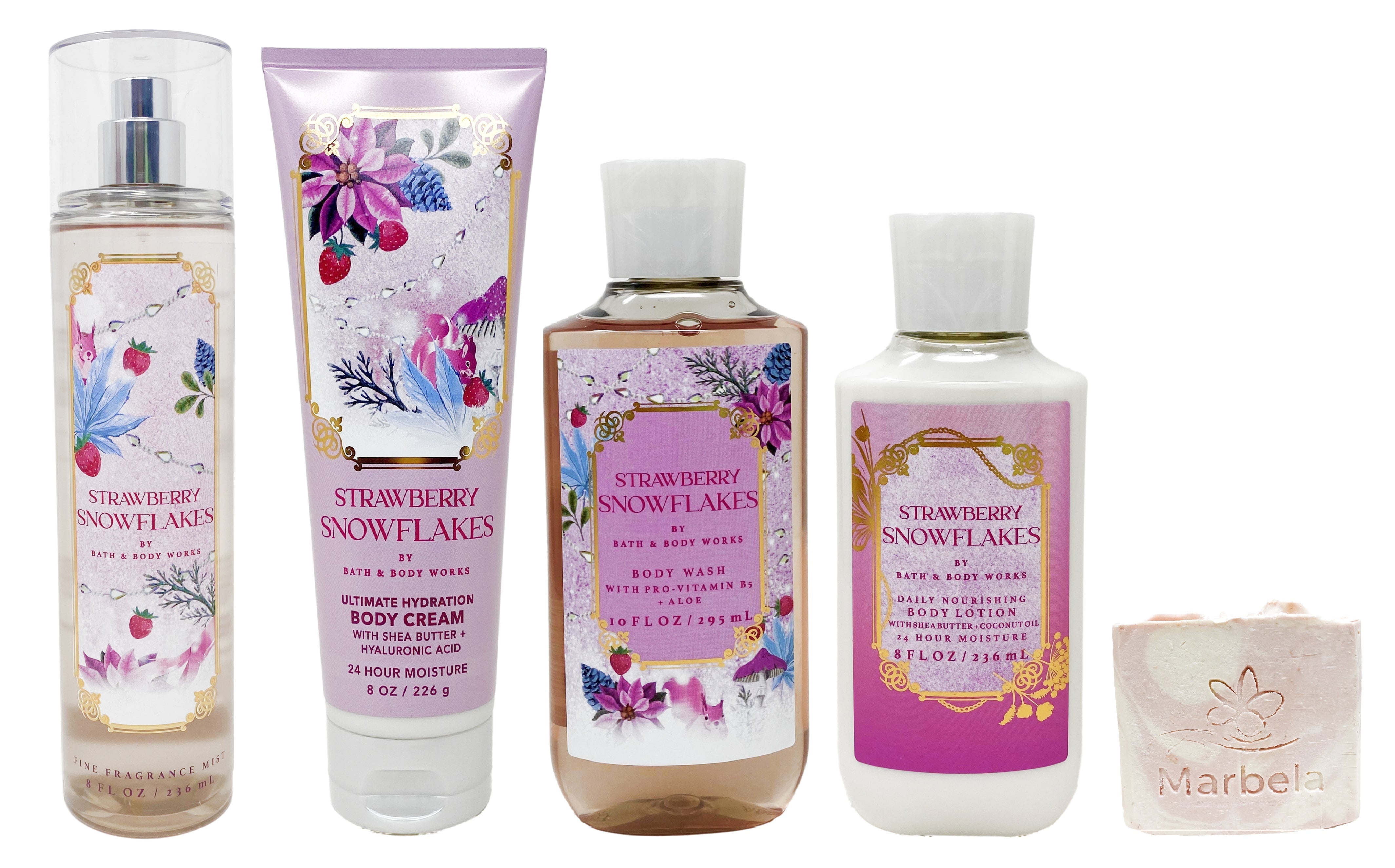 Bath & Body Works Strawberry Snowflakes - Deluxe Gift Set - Fine Fragrance Mist, Body Cream, Body Wash and Body Lotion With a Himalayan Salts Springs Soap.
