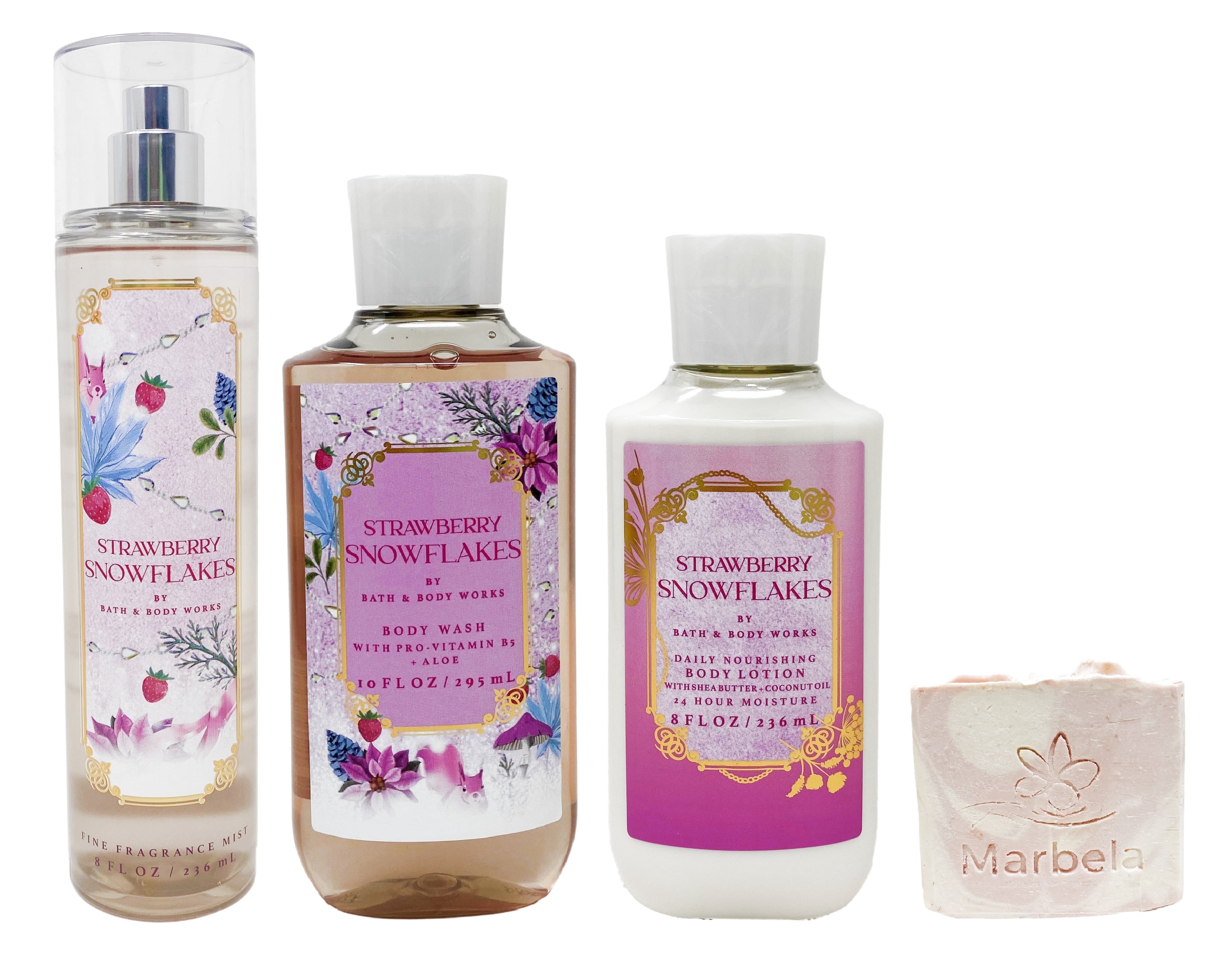 Bath & Body Works Strawberry Snowflakes - Tri Gift Set - Fine Fragrance Mist, Body Wash and Body Lotion With a Himalayan Salts Springs Soap. Bath & Body Works Strawberry Snowflakes - Tri Gift Set - Fine Fragrance Mist, Body Wash and Body Lotion With a Himalayan Salts Springs Soap.