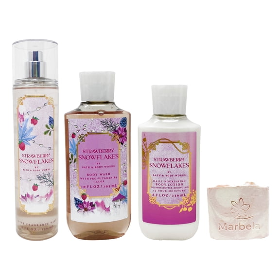 Bath & Body Works Strawberry Snowflakes - Tri Gift Set - Fine Fragrance Mist, Body Wash and Body Lotion With a Himalayan Salts Springs Soap.