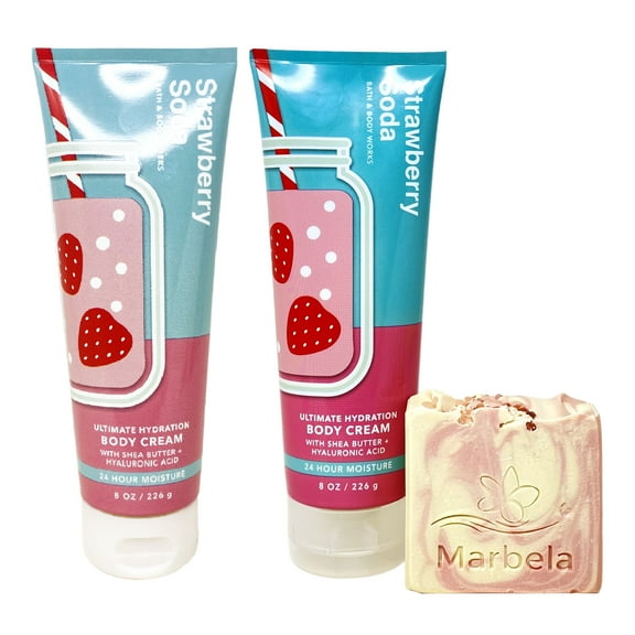 Bath & Body Works Strawberry Soda 2 Pack Body Cream Gift Set with a Marbela Himalayan Salts Springs Soap Bar Soap - Full Size