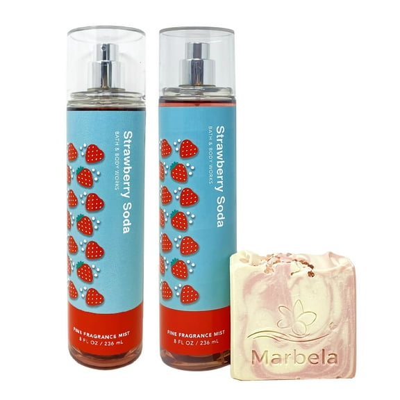 Bath & Body Works Strawberry Soda 2 Pack Fine Fragrance Mist Gift Set with a Marbela Himalayan Salts Springs Soap Bar Soap - Full Size