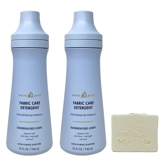 Bath & Body Works Sun-Drenched Linen 2 Pack Fabric Care Detergent Gift Set Bundle with a Marbela Natural Oats Bar Soap - Full Size