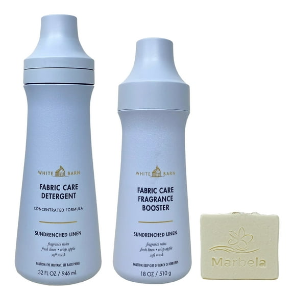 Bath & Body Works Sun-Drenched Linen Fabric Care Detergent and Fragrance Booster Gift Set Bundle with a Marbela Natural Oats Bar Soap - Full Size