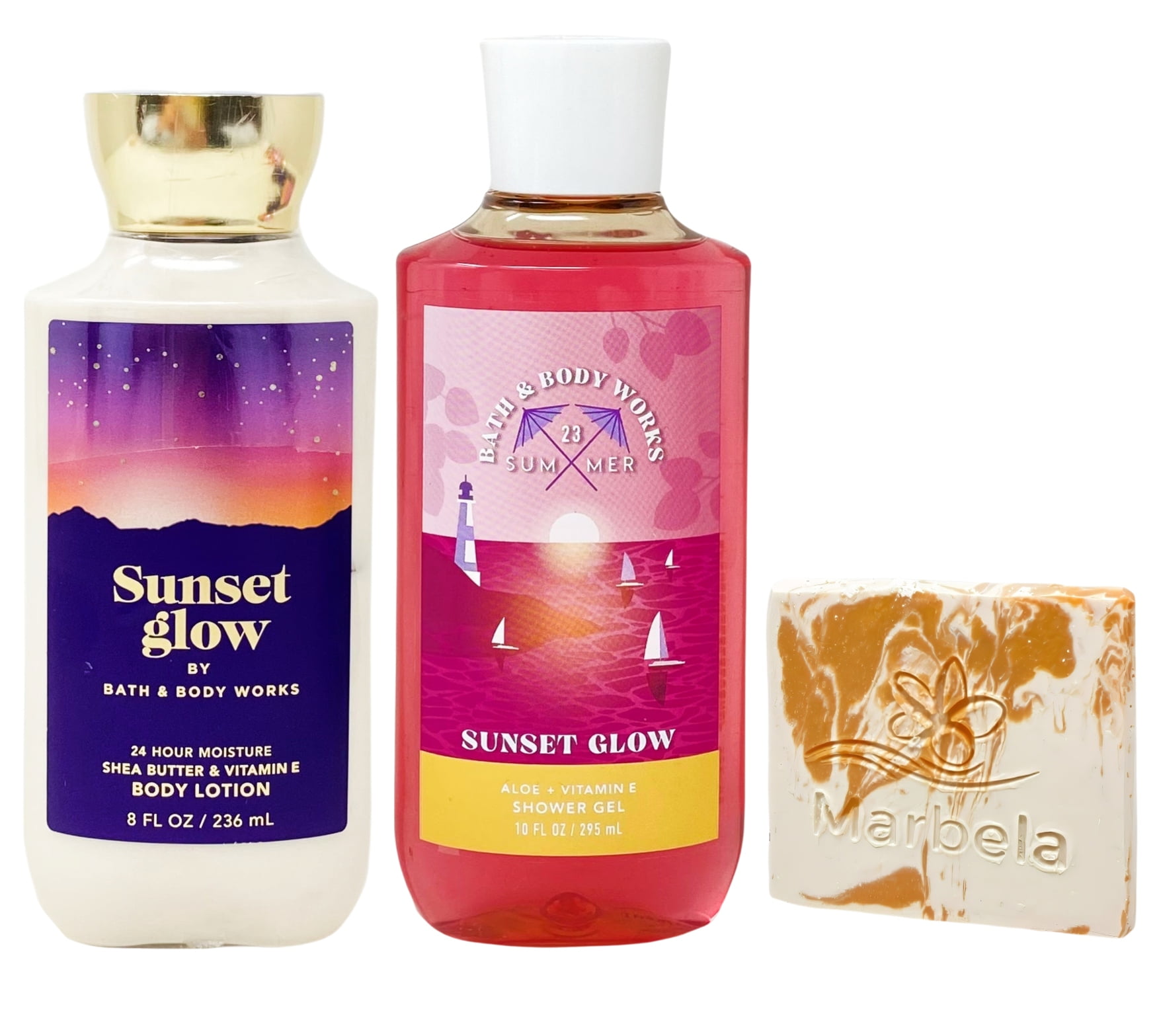 Bath & Body Works Sun-set Glow Body Lotion and Shower Gel with a Peach Gardenia Sample Soap