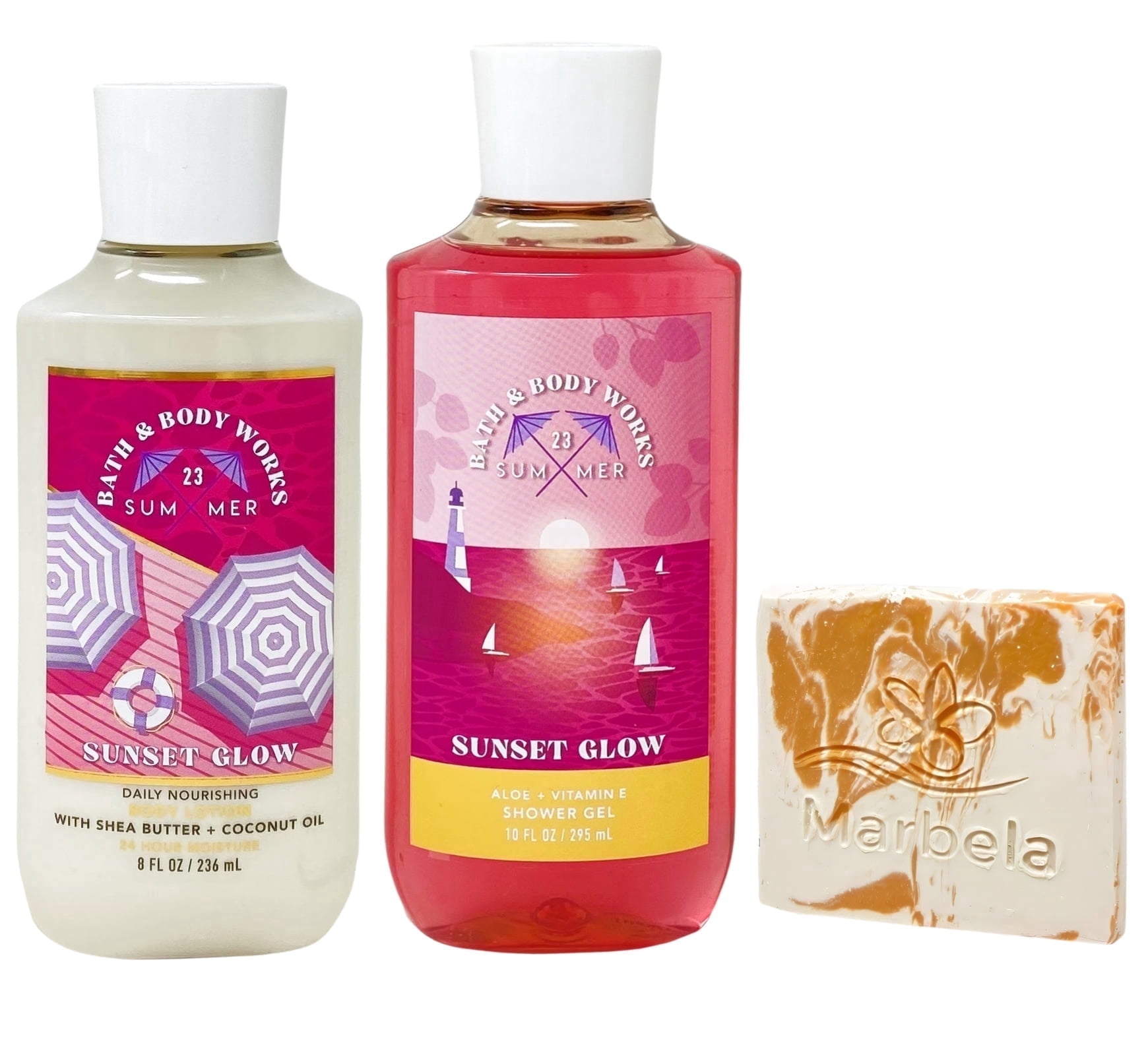 Bath & Body Works Sunset Glow Daily Nourishing Body Lotion and Shower Gel with a Peach Gardenia Mini Soap