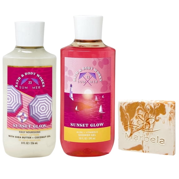 Bath & Body Works Sunset Glow Daily Nourishing Body Lotion and Shower Gel with a Peach Gardenia Mini Soap