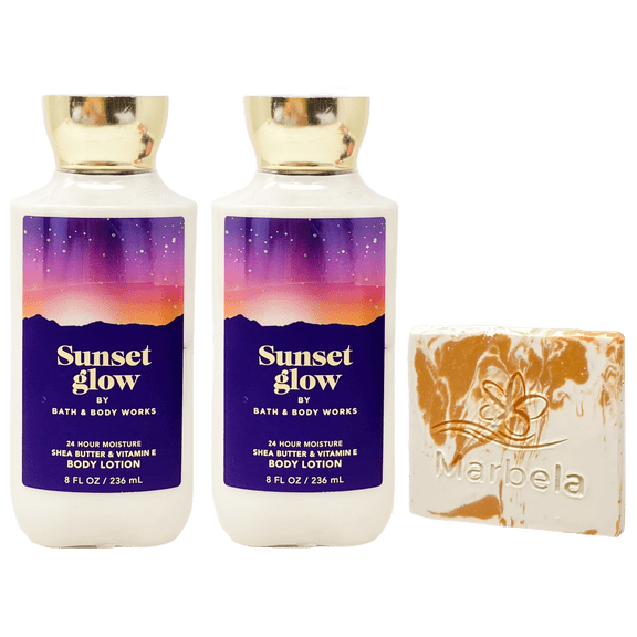 Bath & Body Works Sunset Glow 2 Body Lotions with a Peach Gardenia Sample Soap