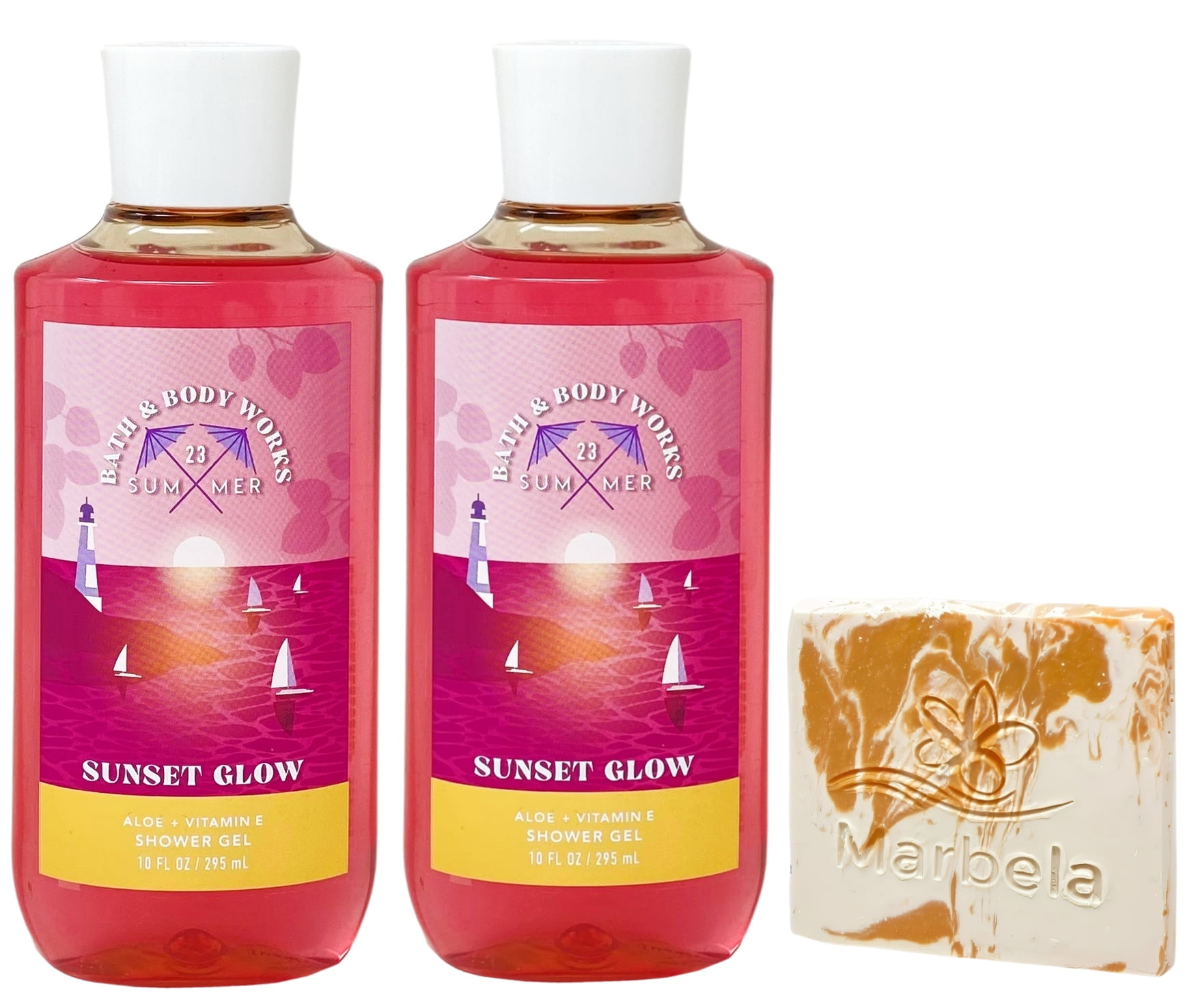 Bath & Body Works Sunset Glow 2 Shower Gels with a Peach Gardenia Sample Soap