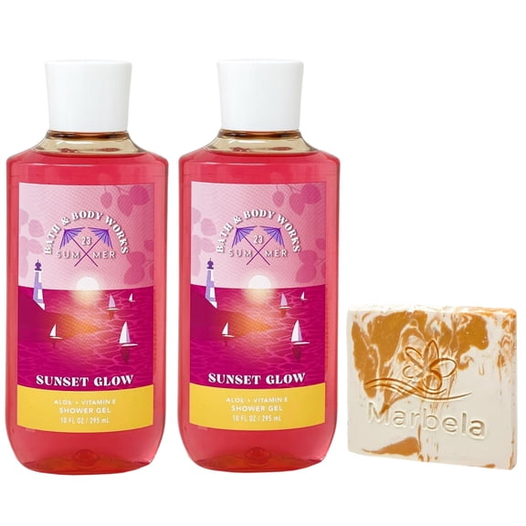 Bath & Body Works Sunset Glow 2 Shower Gels with a Peach Gardenia Sample Soap