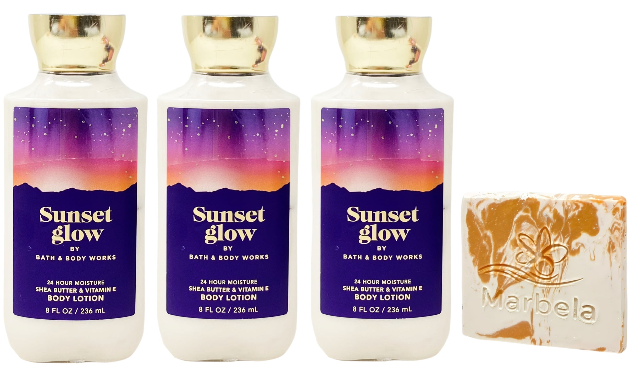 Bath & Body Works Sunset Glow 3 Body Lotions with a Peach Gardenia Sample Soap