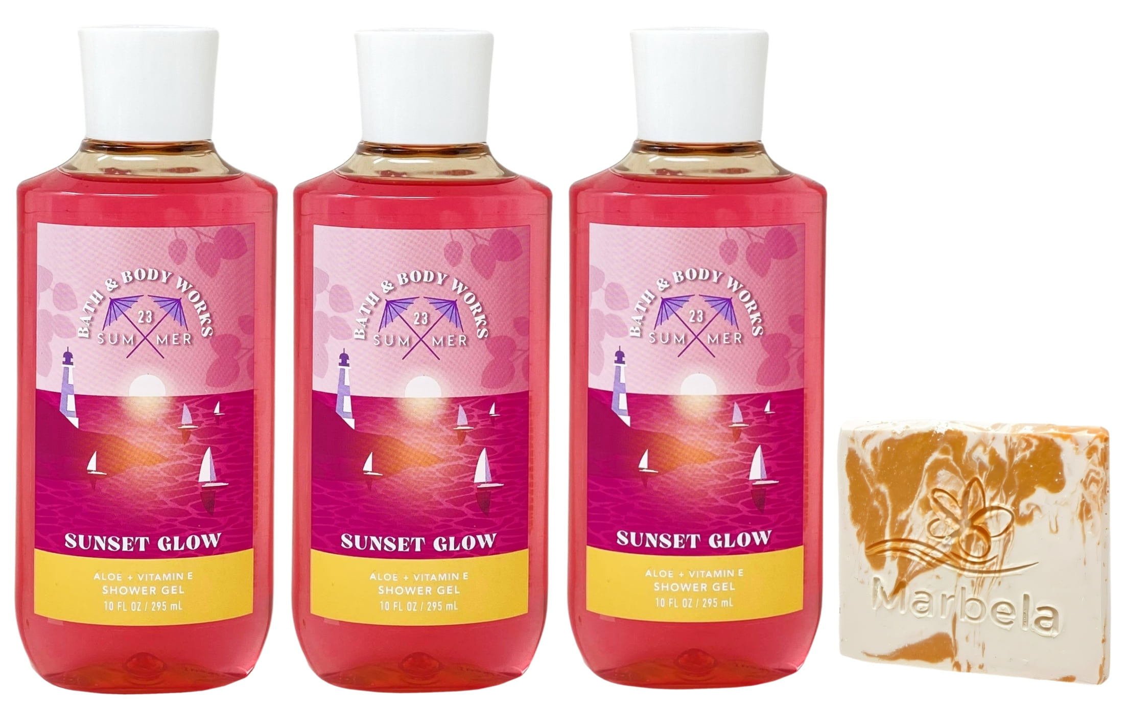Bath & Body Works Sunset Glow 3 Shower Gels with a Peach Gardenia Sample Soap