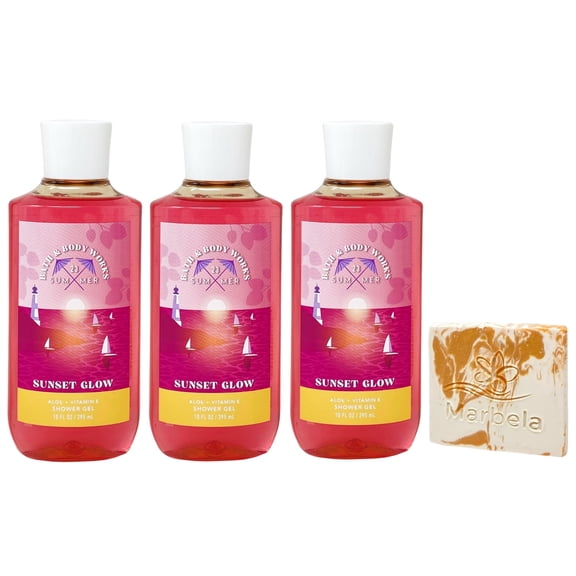 Bath & Body Works Sunset Glow 3 Shower Gels with a Peach Gardenia Sample Soap