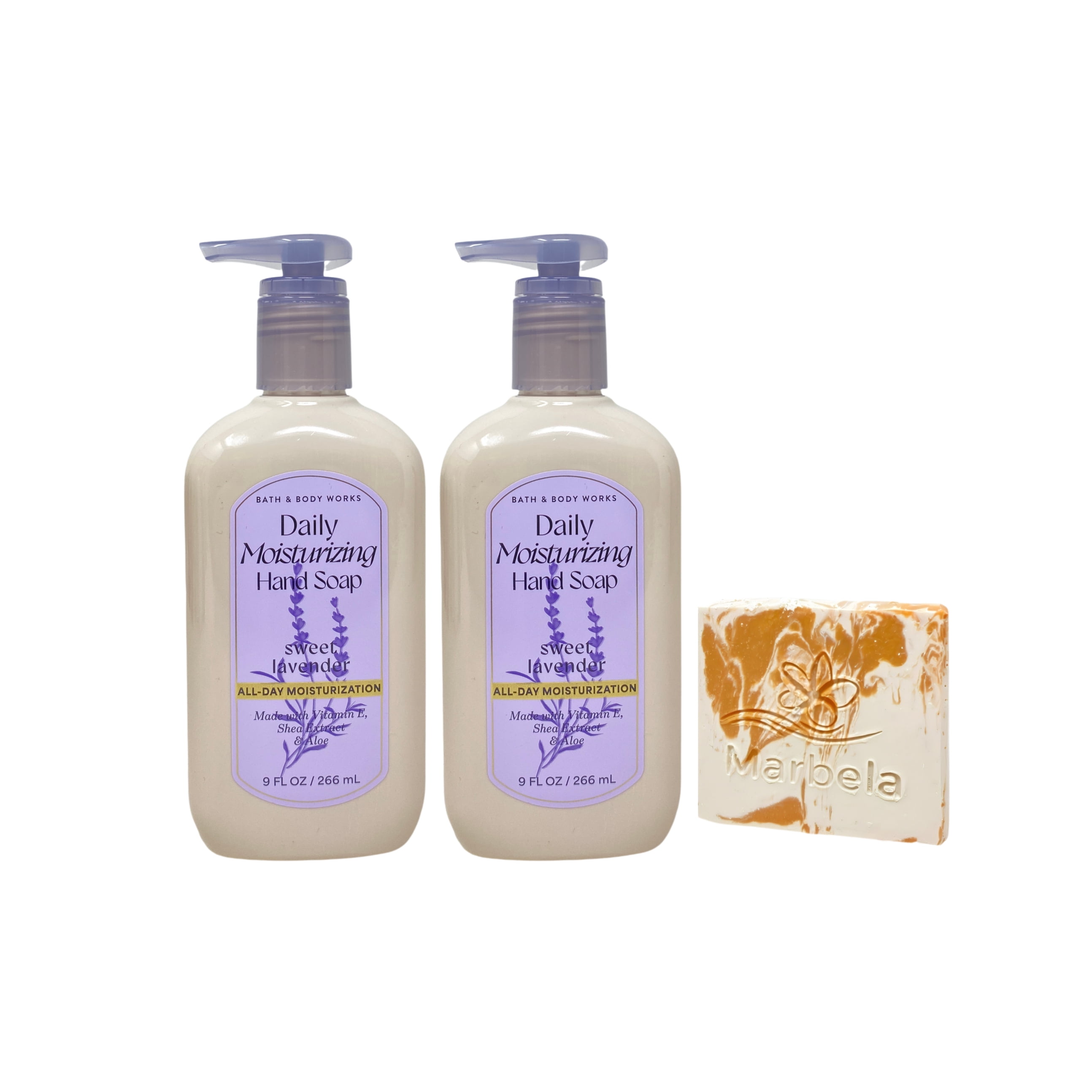 Bath & Body Works Sweet Lavender 2 Daily Moisturizing Hand Soaps with a Peach Gardenia Mini Soap