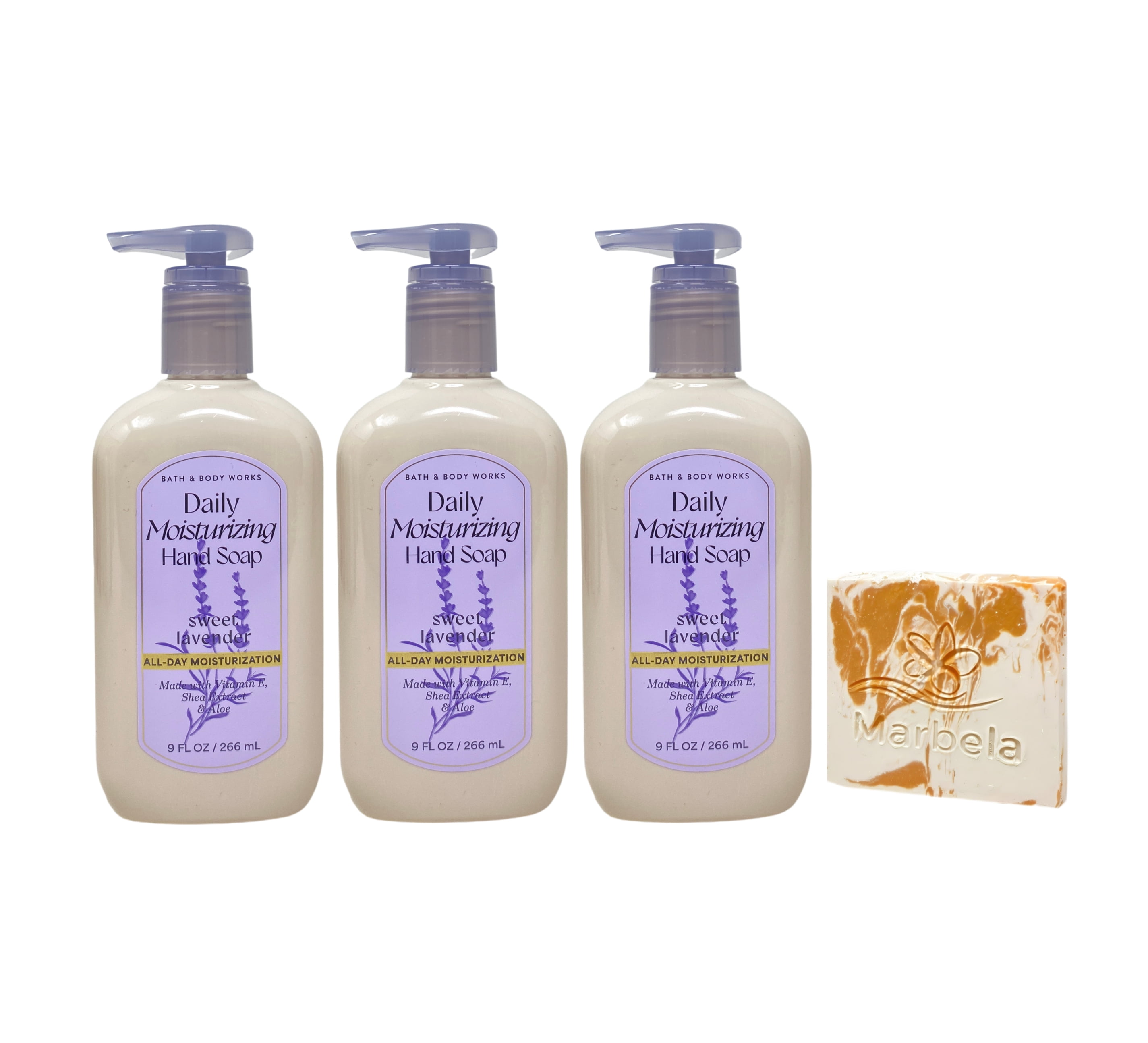 Bath & Body Works Sweet Lavender 3 Daily Moisturizing Hand Soaps with a Peach Gardenia Mini Soap