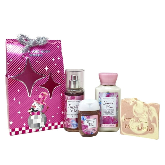 Bath & Body Works Sweet Pea - You're Sweet Mini Gift Bag Trio - Fragrance Mist, Body Cream and Hand Gel with a Himalayan Salts Springs Sample Soap - Travel Size