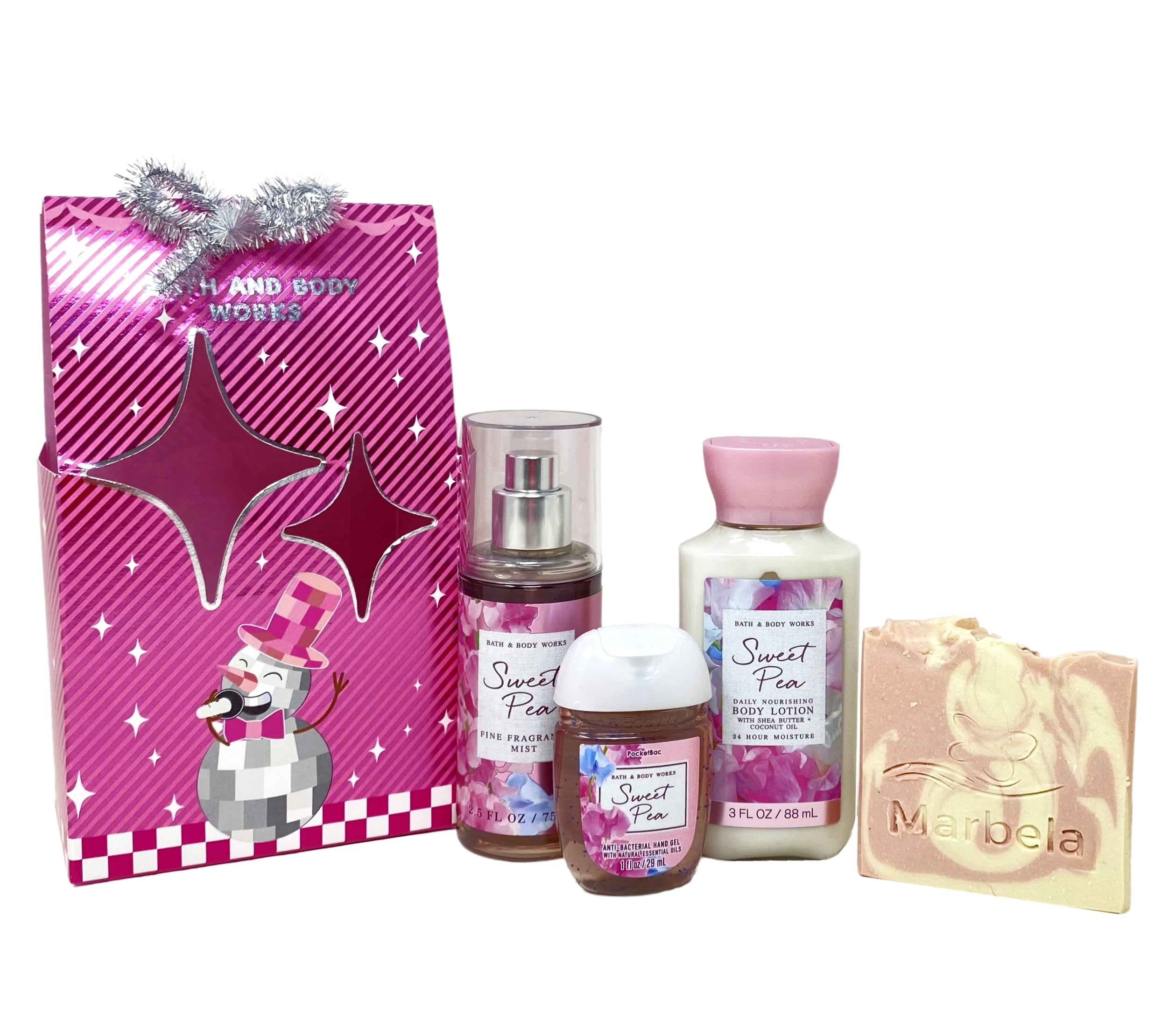Bath & Body Works Sweet Pea - You're Sweet Mini Gift Bag Trio - Fragrance Mist, Body Cream and Hand Gel with a Himalayan Salts Springs Sample Soap - Travel Size