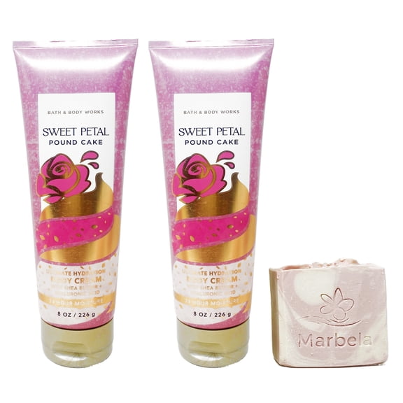 Bath & Body Works Sweet Petal Pound Cake - 2 Pack Of Body Cream with a Himalayan Salts Springs Bar Soap.