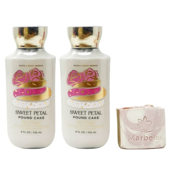 Bath & Body Works Sweet Petal Pound Cake - 2 Pack Of Body Lotion with a Himalayan Salts Springs Bar Soap.