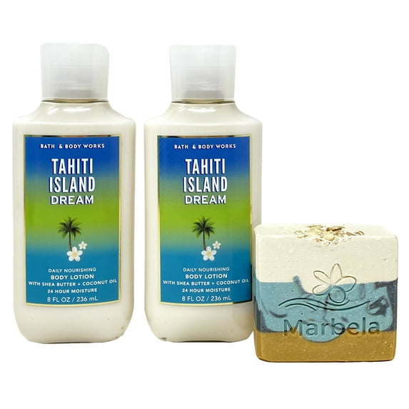 Bath & Body Works Tahiti Island Dream 2 Piece Daily Nourishing Body Lotion Value Pack with a Marbela Sea Breeze Bar Soap - Full Size