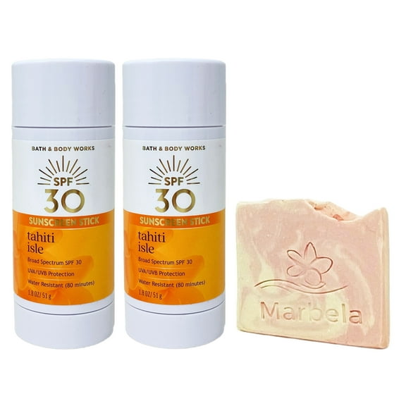 Bath & Body Works Tahiti Isle 2 Pack 30 SPF Sunscreen Stick Bundle with a Himalayan Salts Springs Sample Soap