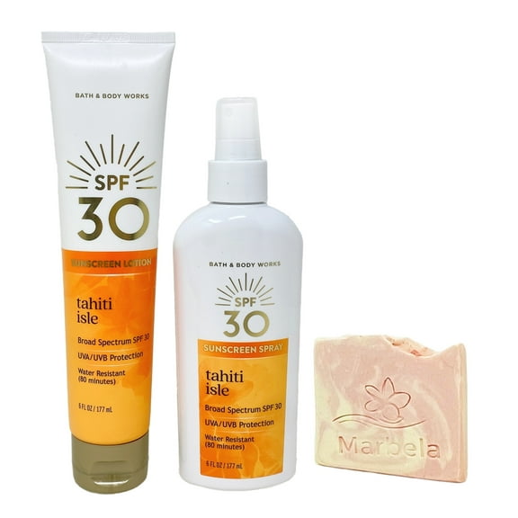 Bath & Body Works Tahiti Isle 30 SPF Sunscreen Lotion and Sunscreen Spray Duo Set with a Himalayan Salts Springs Sample Soap
