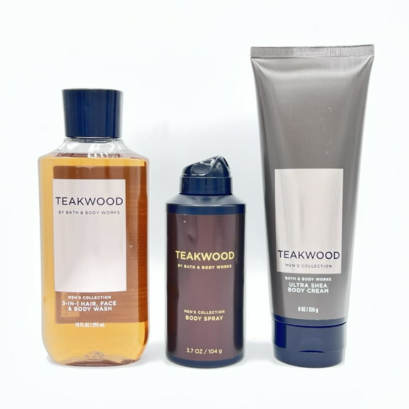 Bath & Body Works Teakwood Men's 10oz Shower Gel, 3.7oz Body Spray & 8oz Body Cream 3-Piece Bundle
