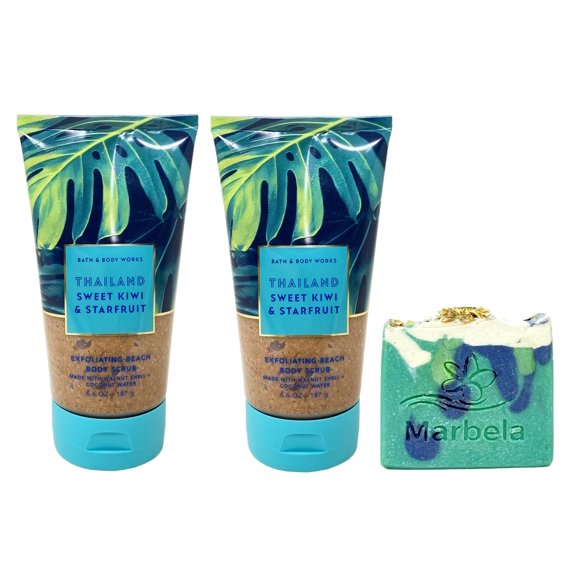 Bath & Body Works Thailand Sweet Kiwi & Starfruit 2 Pack Body Scrub Bundle with a Marbela Aloe Ver Bar Soap - Full Size