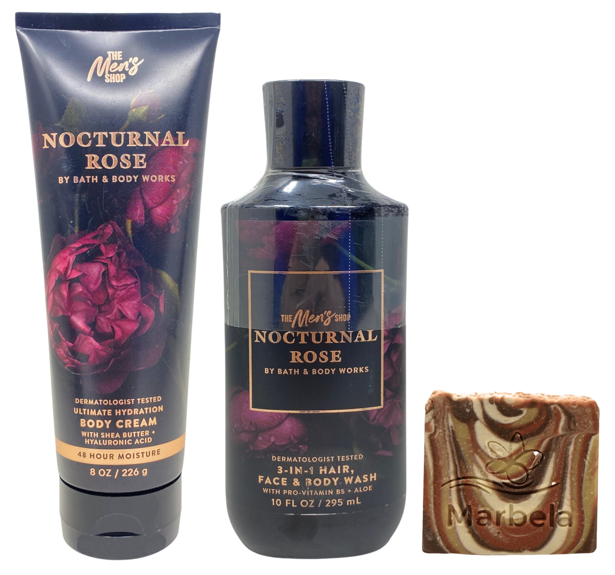 Bath & Body Works The Men's Collection Nocturnal Rose Ultimate Hydration Body Cream and 3-in-1 Hair, Face & Body Wash with a Clay Baby Bar Soap