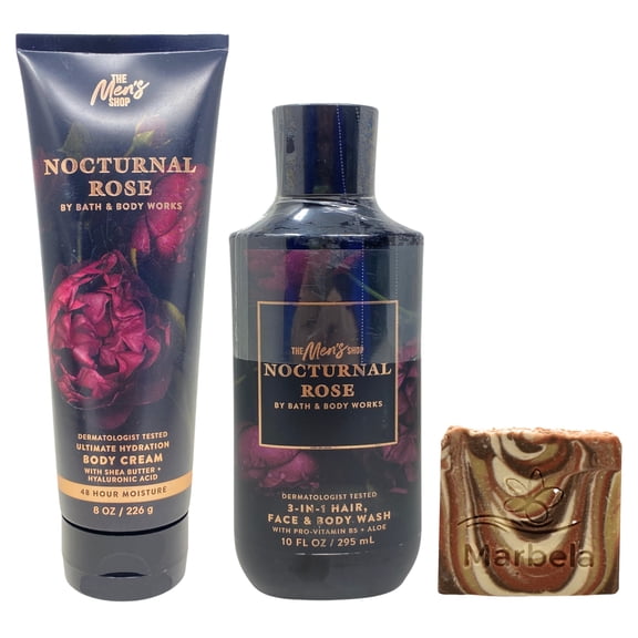 Bath & Body Works The Men's Collection Nocturnal Rose Ultimate Hydration Body Cream and 3-in-1 Hair, Face & Body Wash with a Clay Baby Bar Soap