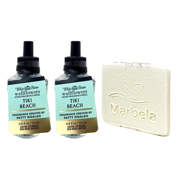 Bath & Body Works Tiki Beach Set of 2 Wallflowers Home Fragrance Refill Bulbs with a Marbela Natural Oats Sample Soap