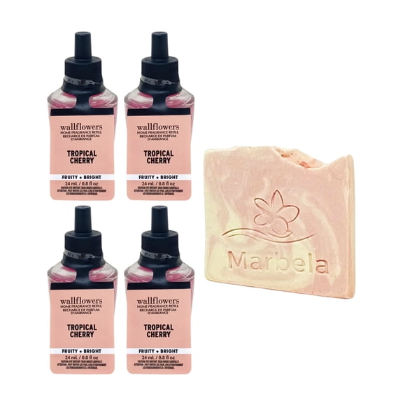 Bath & Body Works Tropical Cherry 4 Wallflowers Home Fragrance Refill Bulbs (0.8 fl oz / 24 mL Each) with Himalayan Salts Springs Mini Soap