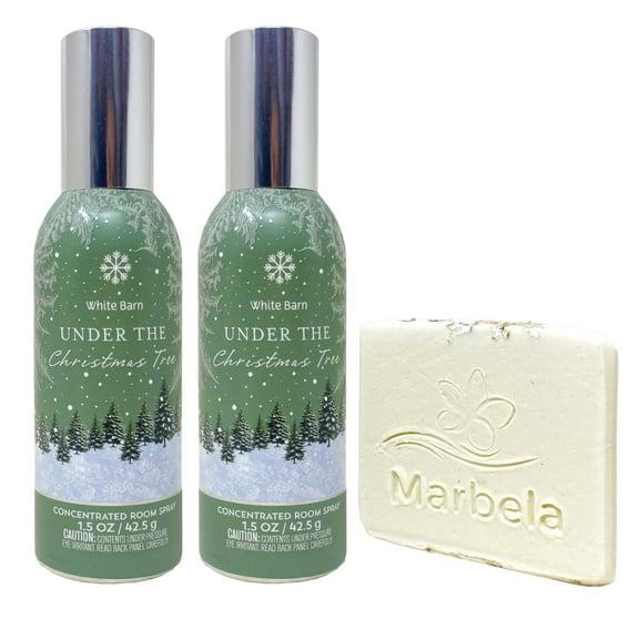 Bath & Body Works Under The Christmas Tree Concentrated Room Spray 2 Pack with a Natural Oats Sample Soap