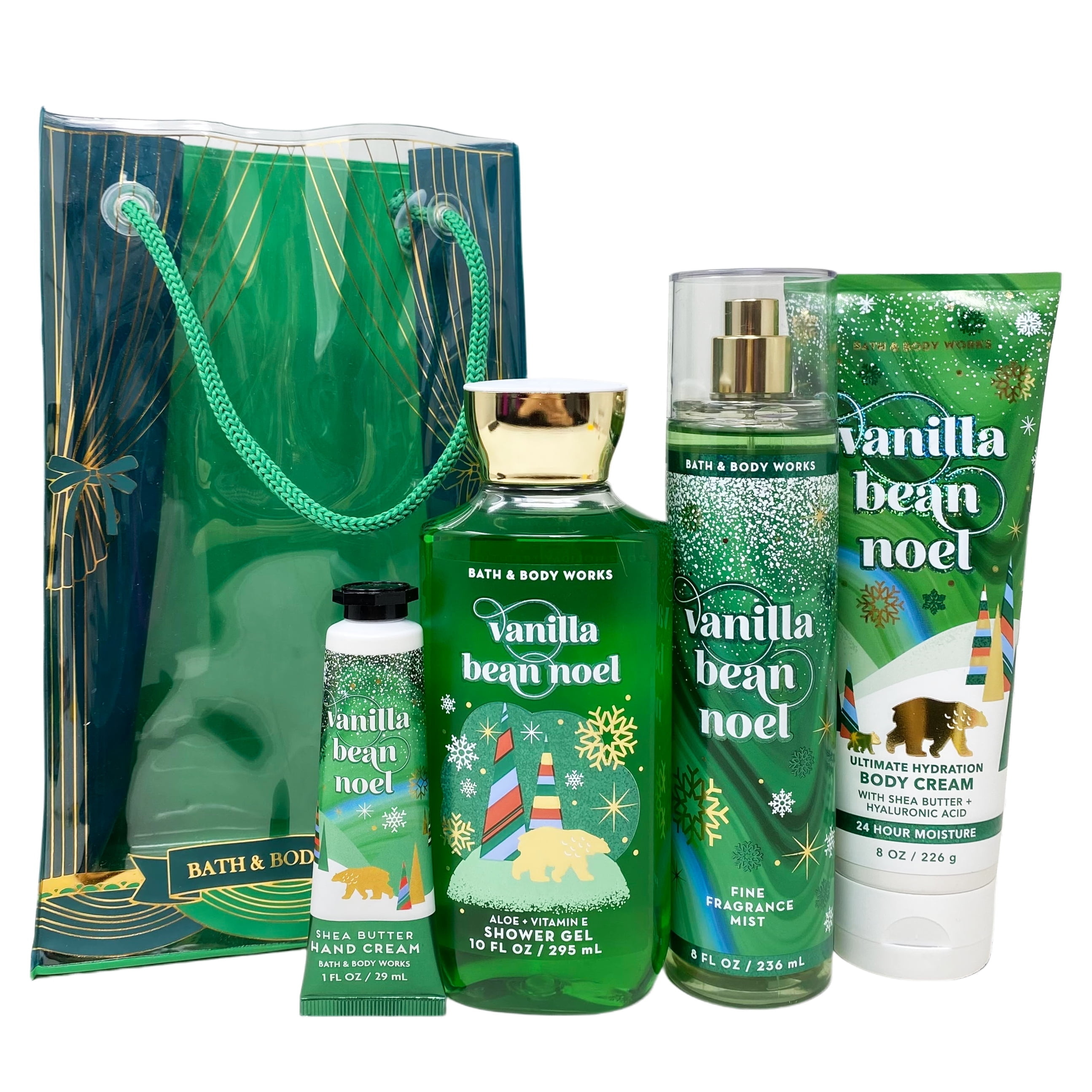 Bath & Body Works VANILLA BEAN NOEL Gift Bag Set - Fine Fragrance Mist, Body Cream, Shower Gel, Shea Butter Hand Cream