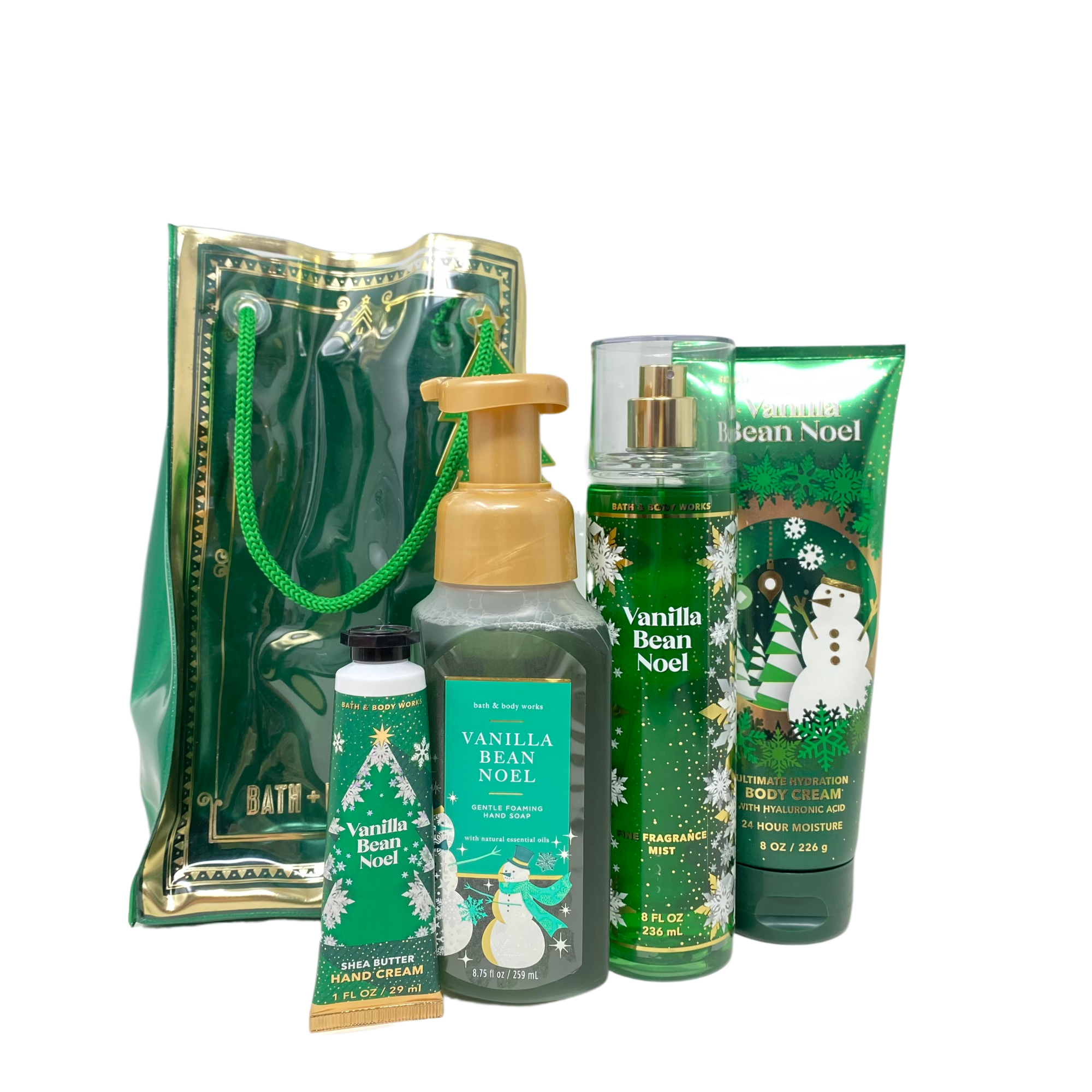 Bath & Body Works VANILLA BEAN NOEL Gift Bag Set - Fine Fragrance Mist - Ultimate Hydration Body Cream - Gentle Foaming Hand Soap and Hand Cream arranged inside a festive gift bag
