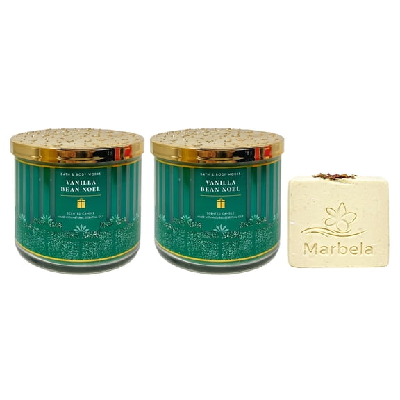 Bath & Body Works Vanilla Bean Noel 2 Piece of 3-Wick Scented Candles with a Creamy Rose Bar Soap