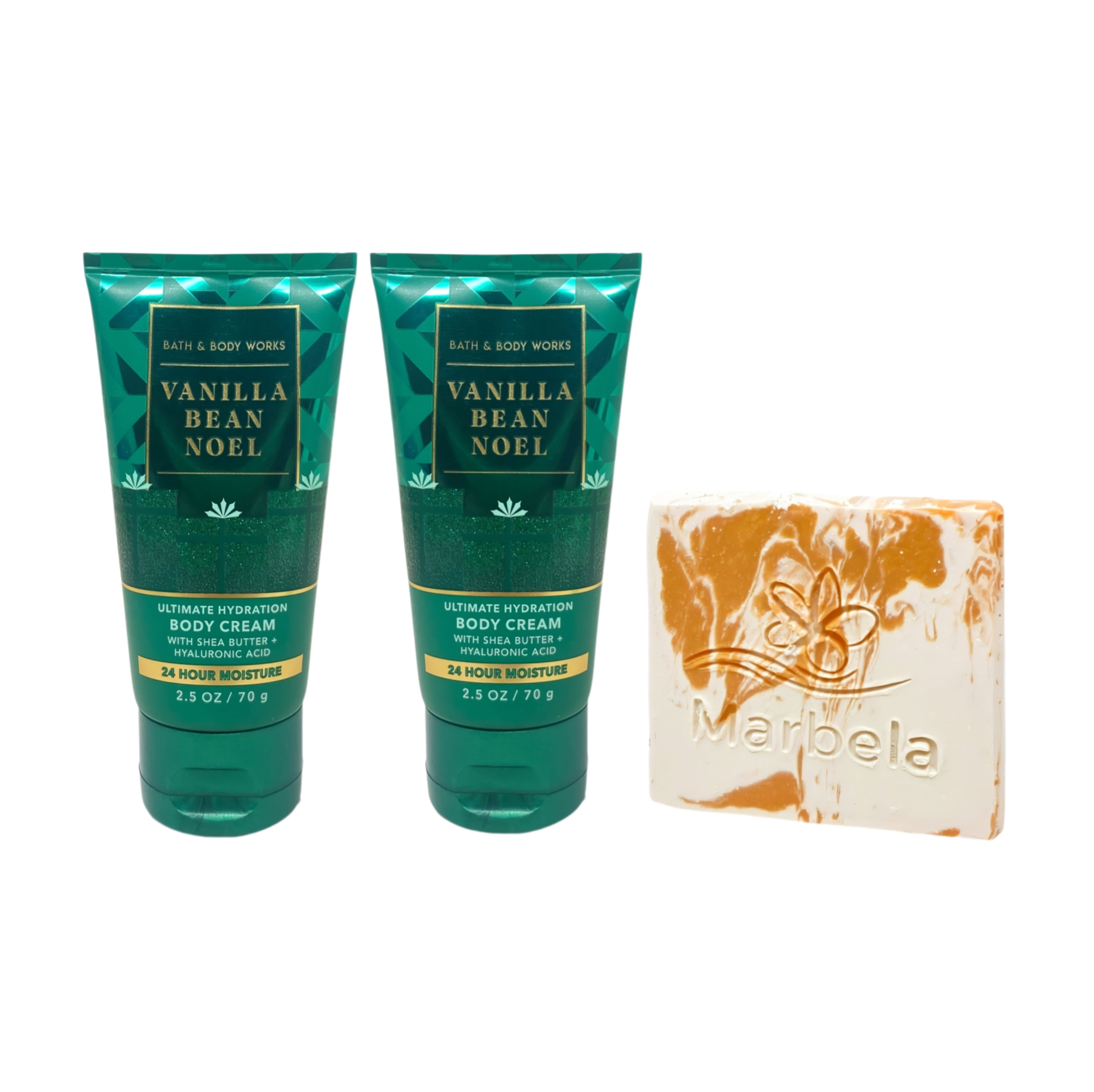 Bath & Body Works Vanilla Bean Noel - 2 Ultimate Hydration Body Creams with a Peach Gardenia Mini Soap - Travel Size