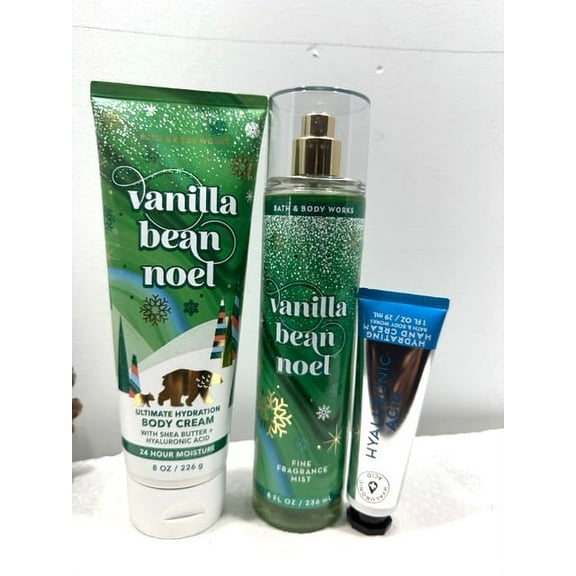 Bath & Body Works Vanilla Bean Noel 3 Piece Gift Set (Ultimate Hydration Body Cream 8 oz., Fine Fragrance Mist 8 fl. oz., and Hand Cream 1 fl. oz.)