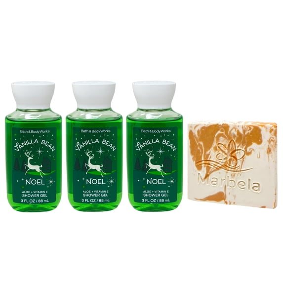 Bath & Body Works Vanilla Bean Noel - 3 Shower Gels with a Peach Gardenia Mini Soap - Travel Size